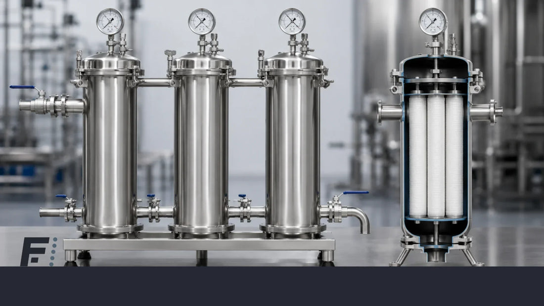 Industrial multi-stage pre-filtration system with stainless steel sanitary filter housings and membrane filter cartridges for food and beverage processing.