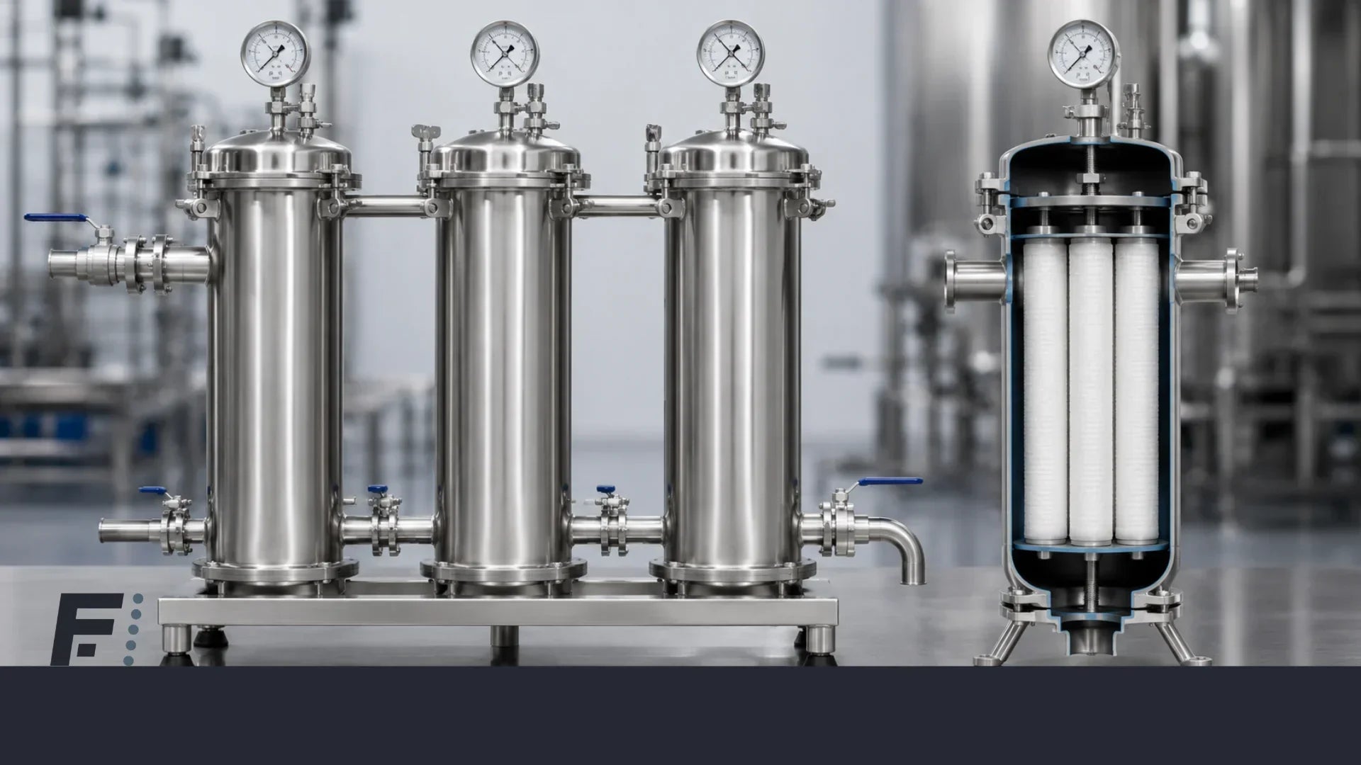 Industrial multi-stage pre-filtration system with stainless steel sanitary filter housings and membrane filter cartridges for food and beverage processing.