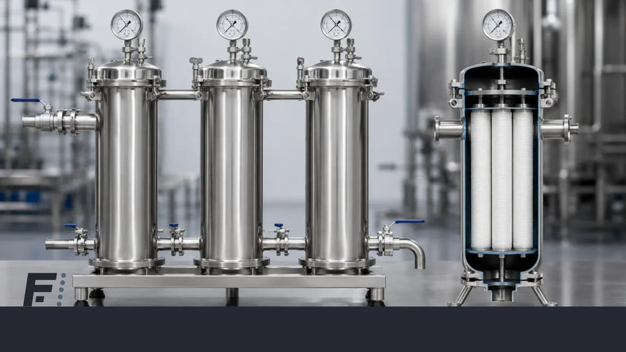 Industrial multi-stage pre-filtration system with stainless steel sanitary filter housings and membrane filter cartridges for food and beverage processing.