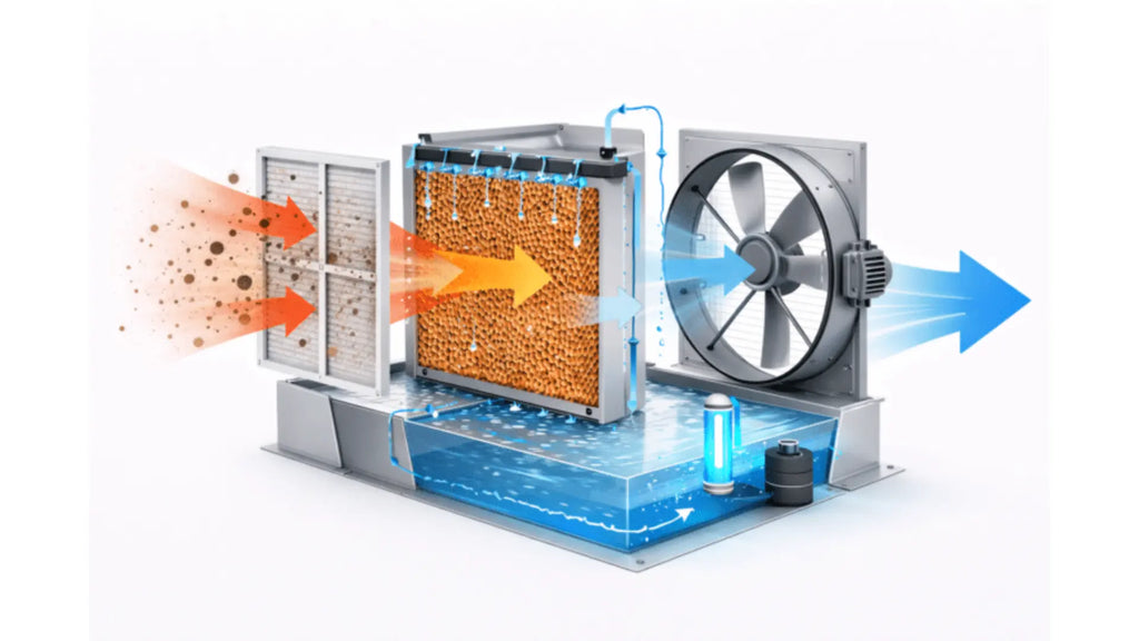 Scheme of industrial evaporative air cooler with G4 filter for air quality improvement