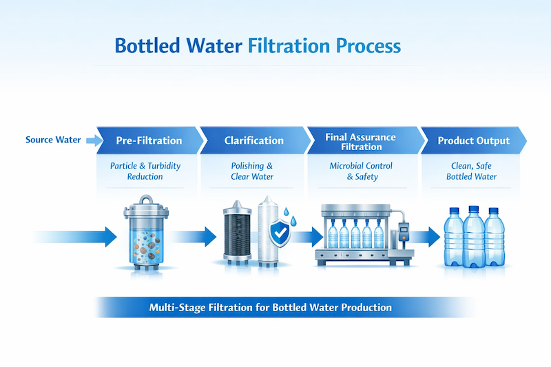 Process diagram showing multi-stage filtration in bottled water production