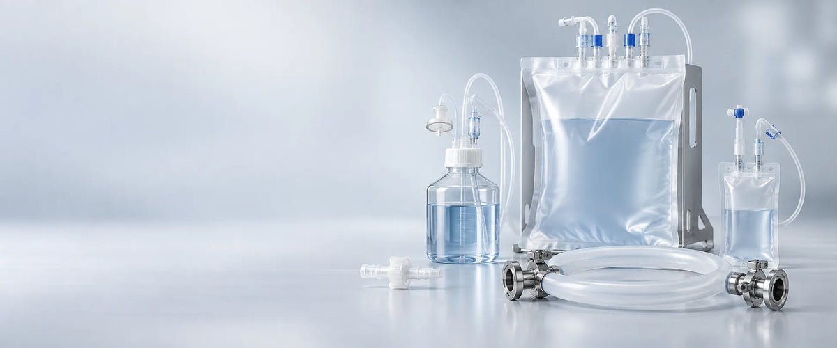 Custom single-use bioprocess assemblies with bag, bottle, tubing and sterile connection components
