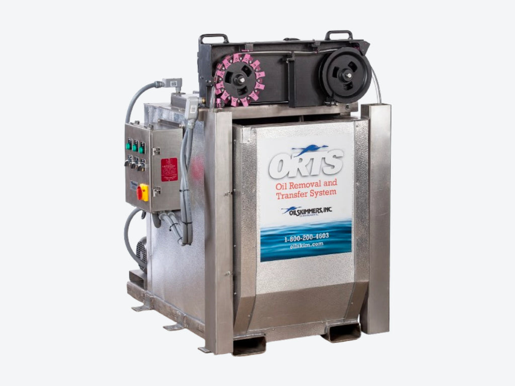 Complete Oil Skimmers ORTS skid with tube oil skimmer, oil storage tank and transfer system
