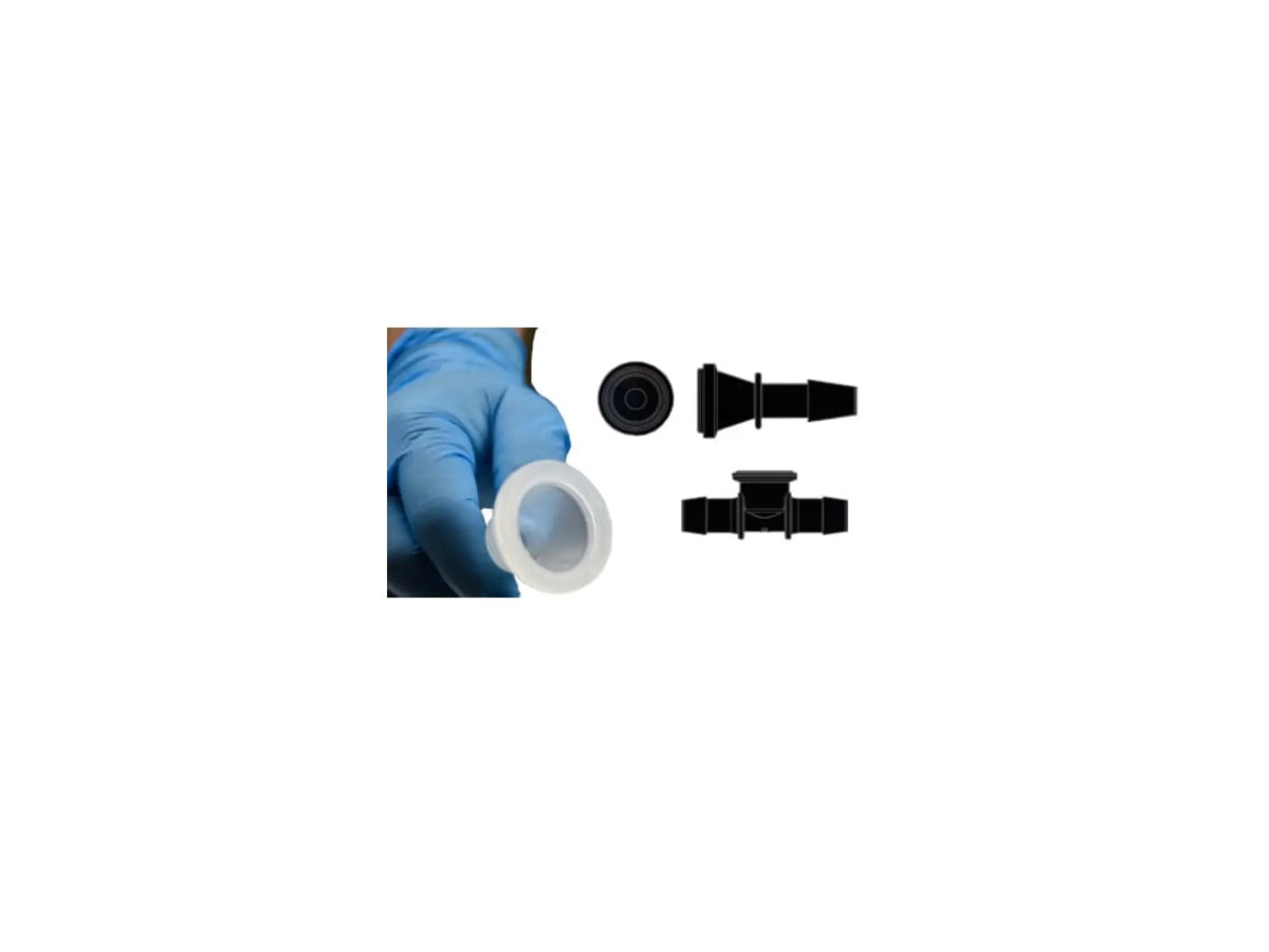 Detail of a Single-use sanitary Tri-Clamp fitting with attached gasket