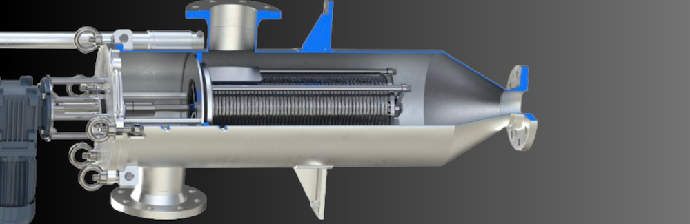 industrial self-cleaning wedge wire filtration system with stainless steel filter housing and motor driven scraper mechanism