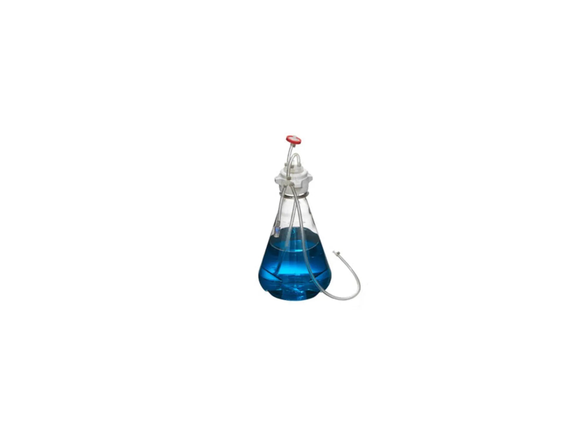 Single-use Erlenmeyer flask assembly for biotechnology and cell culture applications filled