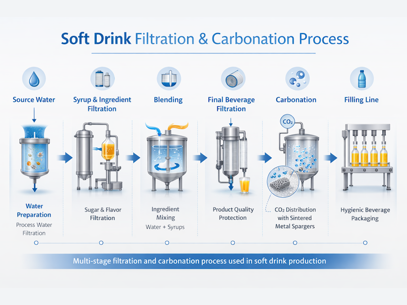 Process diagram showing filtration stages in soft drink production