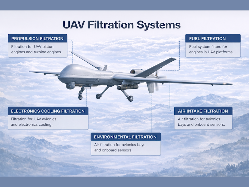 infographic showing filtration components for propulsion, electronics coloing, fuel, air intake filters for UAVs and drones